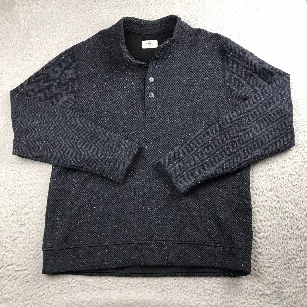 Marine Layer Herringbone Henley Knit Sweater Mens L Navy Blue Stretch Pullover